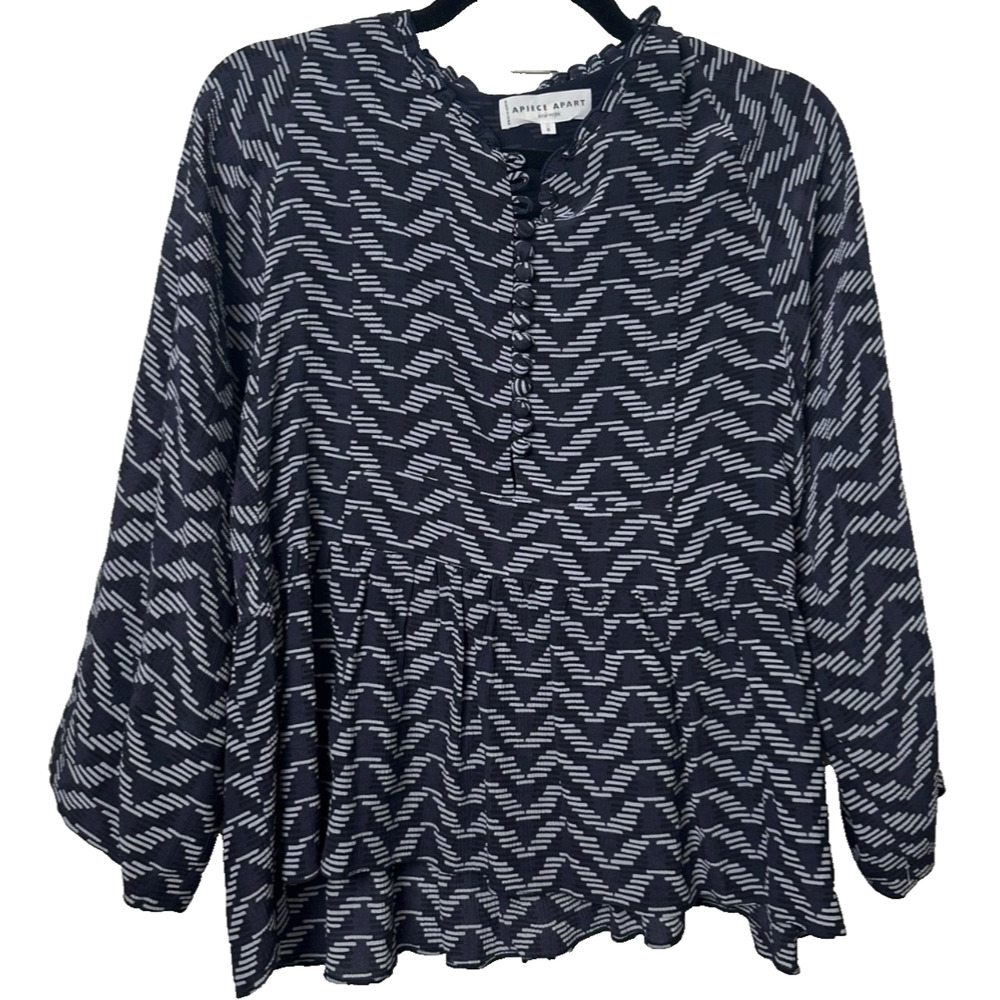 APIECE APART 100% Silk Blouse 3/4 Sleeve Babydoll Flowy Top Navy Blue size 6 C14
